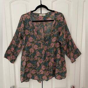 Natural Life Floral Print V Neck Tunic Top 100% Cotton 3/4 Length Sleeves L/XL